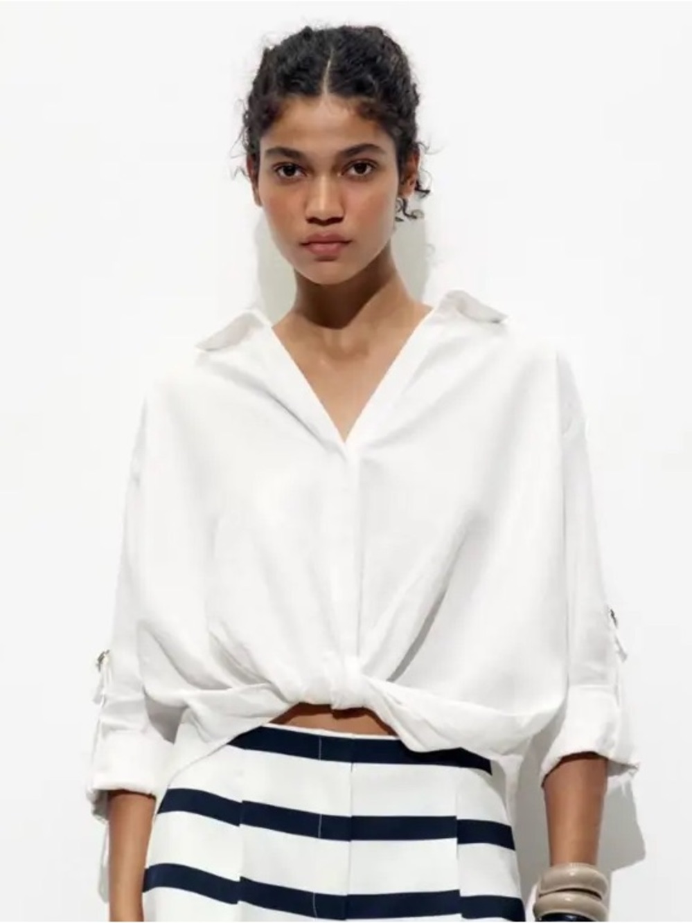 Zara Classic White Twisted Hem Linen Blouse